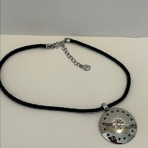 Lauren Ralph Lauren silver statement
necklace on black leather cording,